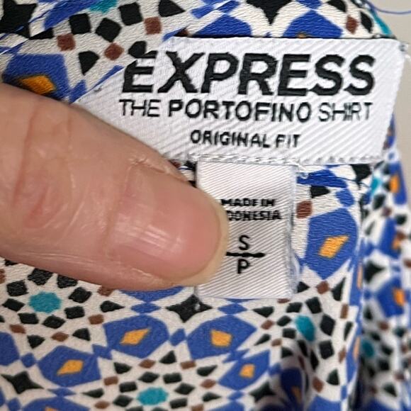 EXPRESS portofino shirt blouse size small blue/black/white geometric print - Picture 4 of 5
